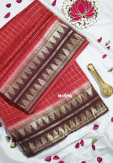 Brick Red - Durga - Banarasi Premium Viscose Silk Zari Checks with Rettapet Temple Border - Best for Pooja Functions | Diwali Festive