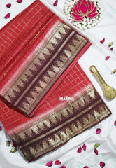 Brick Red - Durga - Banarasi Premium Viscose Silk Zari Checks with Rettapet Temple Border - Best for Pooja Functions | Diwali Festive