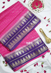 Queen's Pink - Durga - Banarasi Premium Viscose Silk Zari Checks with Rettapet Temple Border - Best for Pooja Functions | Diwali Festive