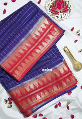 Violet Blue - Durga - Banarasi Premium Viscose Silk Zari Checks with Rettapet Temple Border - Best for Pooja Functions | Diwali Festive