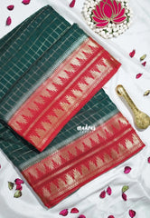 Bottle Green - Durga - Banarasi Premium Viscose Silk Zari Checks with Rettapet Temple Border - Best for Pooja Functions | Diwali Festive