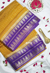 Turmeric Yellow - Durga - Banarasi Premium Viscose Silk Zari Checks with Rettapet Temple Border - Best for Pooja Functions | Diwali Festive