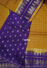 Turmeric Yellow - Durga - Banarasi Premium Viscose Silk Zari Checks with Rettapet Temple Border - Best for Pooja Functions | Diwali Festive