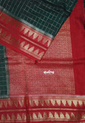 Bottle Green - Durga - Banarasi Premium Viscose Silk Zari Checks with Rettapet Temple Border - Best for Pooja Functions | Diwali Festive