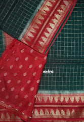 Bottle Green - Durga - Banarasi Premium Viscose Silk Zari Checks with Rettapet Temple Border - Best for Pooja Functions | Diwali Festive
