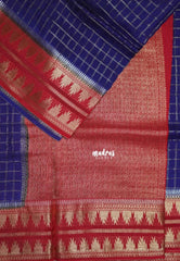 Violet Blue - Durga - Banarasi Premium Viscose Silk Zari Checks with Rettapet Temple Border - Best for Pooja Functions | Diwali Festive