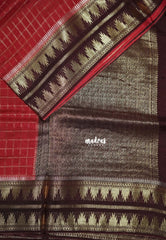 Brick Red - Durga - Banarasi Premium Viscose Silk Zari Checks with Rettapet Temple Border - Best for Pooja Functions | Diwali Festive