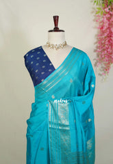 Teal Blue - Durga - Banarasi Premium Viscose Silk with Traditional Border and Buttas - Best for Wedding Functions