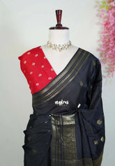 Classic Black - Durga - Banarasi Premium Viscose Silk with Traditional Border and Buttas - Best for Wedding Functions