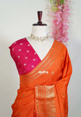 Sunset Orange - Durga - Banarasi Premium Viscose Silk with Traditional Border and Buttas - Best for Wedding Functions