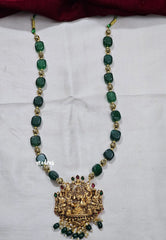 Big Dhanalakshmi Nagas Pendant 11-Inch Long Green Beaded Haram