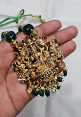 Big Dhanalakshmi Nagas Pendant 11-Inch Long Green Beaded Haram