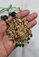 Big Dhanalakshmi Nagas Pendant 11-Inch Long Green Beaded Haram