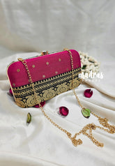 MS7 - Premium Raw Silk Fabric Black and Magenta Pink with Buttas Pin-tuck with Box Clutch for Women