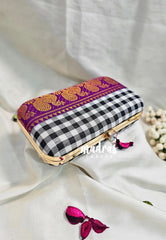 MS7 - Premium Chettinad Cotton Fabric Black and White Checks with Purple Pin-tuck with Box Clutch for Women