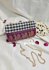MS7 - Premium Chettinad Cotton Fabric Black and White Checks with Purple Pin-tuck with Box Clutch for Women
