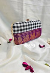 MS7 - Premium Chettinad Cotton Fabric Black and White Checks with Purple Pin-tuck with Box Clutch for Women