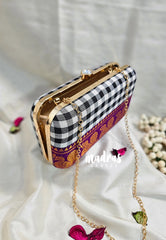 MS7 - Premium Chettinad Cotton Fabric Black and White Checks with Purple Pin-tuck with Box Clutch for Women