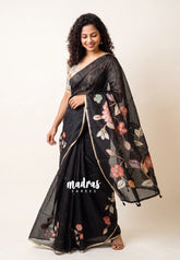 Black Pearl - Premium Kota Silk with Hand Painted Pen Kalamkari Applique Work - Best for Office Wear | Hightea Party