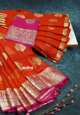 Sunset Glow Orange - Bollywood trendy Crushed marble crepe saree with rich foil banarasi border