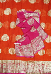 Sunset Glow Orange - Bollywood trendy Crushed marble crepe saree with rich foil banarasi border