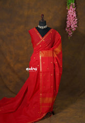 Spicy Red - Maheswari - Premium Lightweight cotton silk with Tiny zari border with Buttas - Perfect for Festive Wear