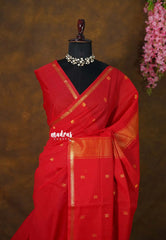 Spicy Red - Maheswari - Premium Lightweight cotton silk with Tiny zari border with Buttas - Perfect for Festive Wear