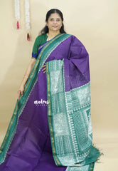 Purple with Green - Chanderi cotton silk Plain Saree with Madhubani Prints Pallu
