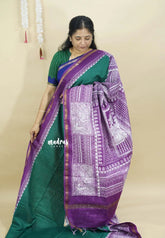 Green with Purple - Chanderi cotton silk Saree with Madhubani Prints Pallu