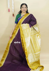 Winered with Mustard Yellow - Chanderi cotton silk Plain Saree with Madhubani Prints Pallu
