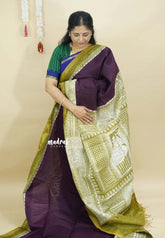 Winered with Olive Green - Chanderi cotton silk Plain Saree with Madhubani Prints Pallu