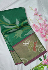 Classic Green - Chandrika - Ikkat Pochampally Cotton Silk with Tissue border - Best for Pooja Function