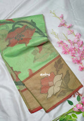 Creamy Green - Chandrika - Ikkat Pochampally Cotton Silk with Tissue border - Best for Pooja Function