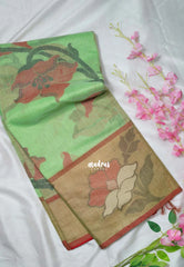 Creamy Green - Chandrika - Ikkat Pochampally Cotton Silk with Tissue border - Best for Pooja Function
