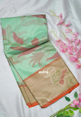 Mint Green - Chandrika - Ikkat Pochampally Cotton Silk with Tissue border - Best for Pooja Function