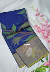 Indigo Blue - Chandrika - Ikkat Pochampally Cotton Silk with Tissue border - Best for Pooja Function