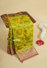 Yellowish Green - Chandrika - Ikkat Pochampally Soft Silk with Zari Border