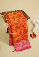 Yellowish Orange - Chandrika - Ikkat Pochampally Soft Silk with Zari Border