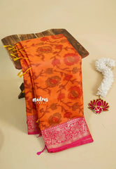 Yellowish Orange - Chandrika - Ikkat Pochampally Soft Silk with Zari Border