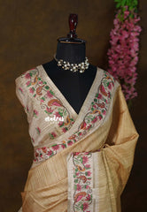 Sandal Brown - Chitraleka - Semi Tussar Silk with Jute Texture & Zari Stripes | Perfect for Small Functions