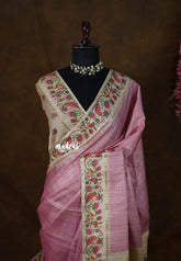 Muted Onion Pink - Chitraleka - Semi Tussar Silk with Jute Texture & Zari Stripes | Perfect for Small Functions