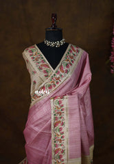 Muted Onion Pink - Chitraleka - Semi Tussar Silk with Jute Texture & Zari Stripes | Perfect for Small Functions