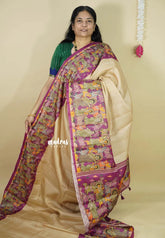 Chikoo with Magenta - Chitraleka - Semi tussar silk with kalamkari depiction border and pallu