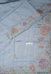 Cloudy Blue - Chitraleka - Semi Tussar Silk Embroidery with Scallop Border | Perfect for Pooja Functions