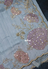 Cloudy Blue - Chitraleka - Semi Tussar Silk Embroidery with Scallop Border | Perfect for Pooja Functions