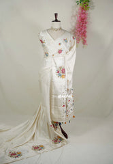 Ivory White - Chitraleka - Semi Tussar Silk Petite Embroidery with Satin Border | Perfect for Pooja Functions