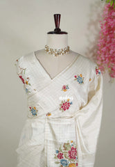 Ivory White - Chitraleka - Semi Tussar Silk Petite Embroidery with Satin Border | Perfect for Pooja Functions