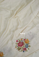 Ivory White - Chitraleka - Semi Tussar Silk Petite Embroidery with Satin Border | Perfect for Pooja Functions