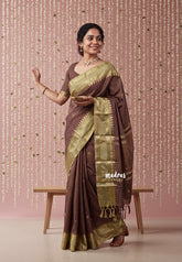 Chocolate Brown - Kanimozhi - Soft Silk Zari Checks with Buttas and Rettapet Border - Best for Pooja Functions
