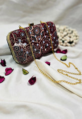 MS7 - Double Side Different Design Premium Fabric Ajrakh Design and Buttas with Mirror Work Pin-tuck with Box Clutch for Women